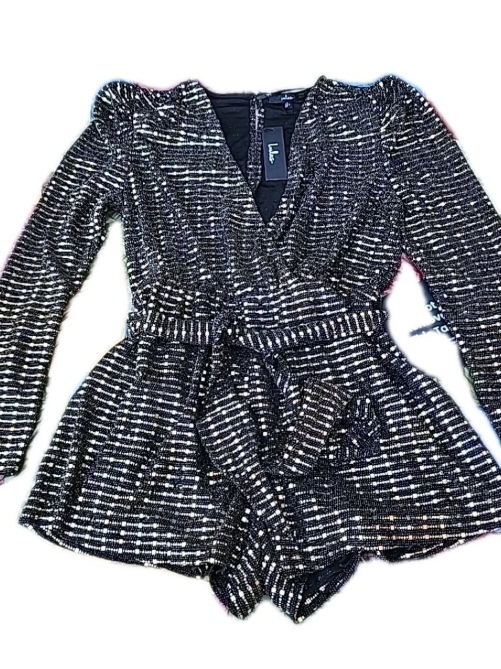 LuLus Disco Party Sparkly Gold & Black Belted Lined Long Sleeve Romper Sz L NWT